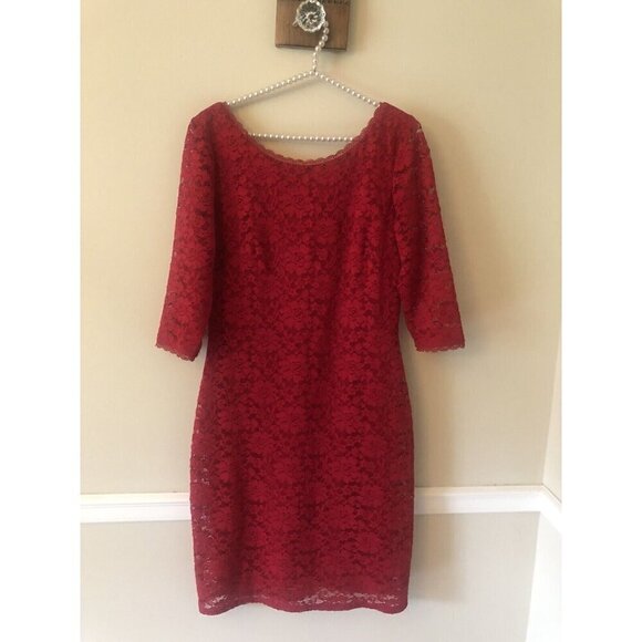 Laundry Shelli Segal Womens Size 10 Red Lace Sheath Dress 3/4 Sleeve - Picture 1 of 7
